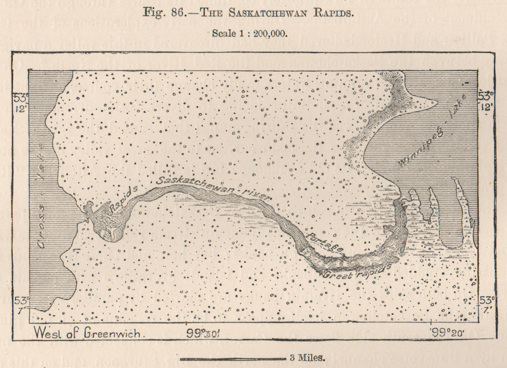 Saskatchewan River rapids pre-dam.Grand Rapids.Lake Winnipeg.Manitoba 1885 map